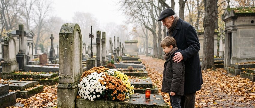 Tradition de la Toussaint &mdash; un grand-p&egrave;re et son petit-fils se recueillent sur une tombe au cimeti&egrave;re en automne, d&eacute;posant des chrysanth&egrave;mes et allumant une bougie fun&eacute;raire.