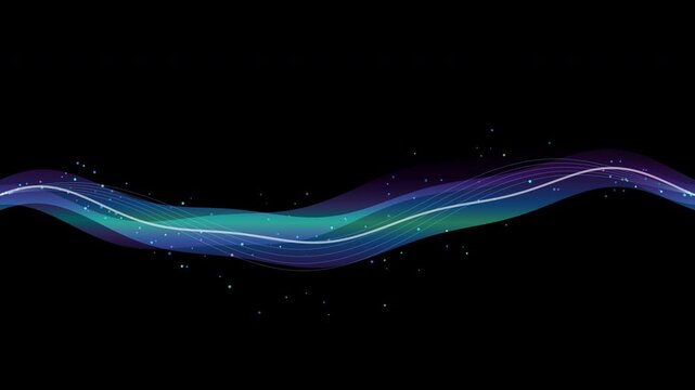 Abstract vibrant emerald, sapphire blue, and glowing violet aurora ribbons intertwined with staff lines in a cinematic seamless looping background.