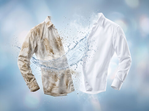 Dirty stained white shirt transforming into a clean spotless garment through a powerful dynamic water splash representing professional laundry service and stain removal effectiveness on textile fabric