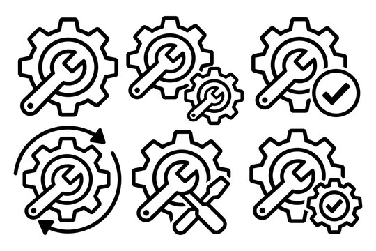 Maintenance icon Set with gears and wrenches symbolizing repair, configuration, optimization, and technical support. Essential for troubleshooting, system updates, engineering, and digital services.