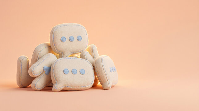 Communication overflow represented by a pile of plush fabric speech bubbles with soft blue ellipses on a warm peach background for social media theme.