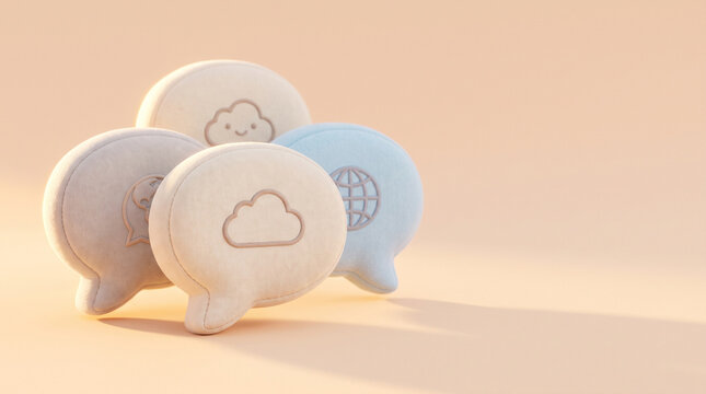 Microscopic matte texture on 3D speech bubble icons featuring cloud and global symbols, emphasizing modern cloud computing and network interactions.
