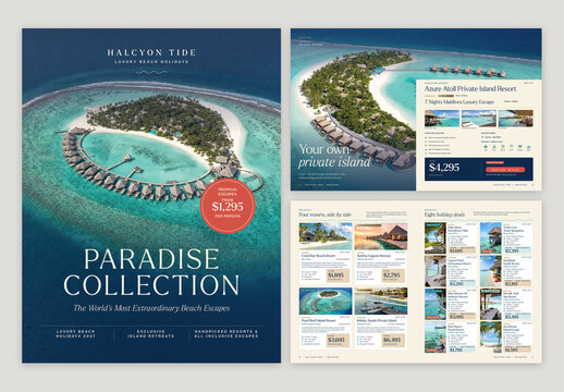 Travel Catalog Brochure Template, Tourism Catalogue & Travel Agency Magazine Layout for Hotels, Luxury Holiday Resorts & Vacation Packages