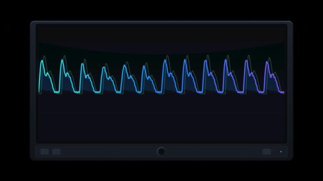 Seamless loop motion graphic featuring a modern diagnostic monitor displaying synthetic pulsatile Doppler blood-flow signals. Designed for cardiovascular research concepts, ultrasound technology, and