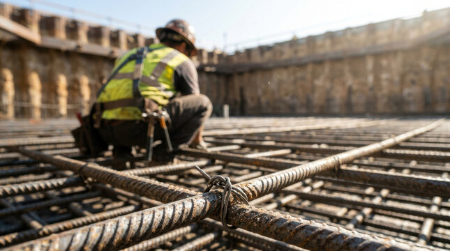 Steel fixer bending over construction site, securing reinforcement bar with wire concrete