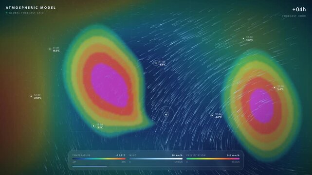 Meteorological weather map showing wind flow and heat zones