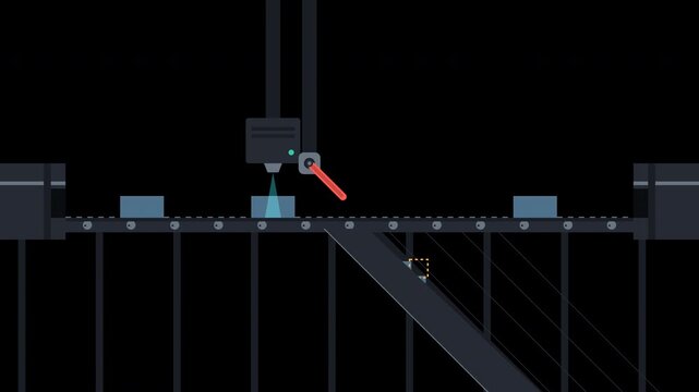 Premium 2D industrial motion graphic showing an automated machine-vision inspection system detecting a defect and mechanically diverting the rejected product.