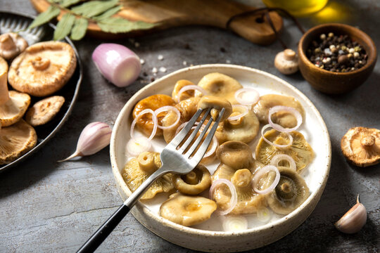 Marinated mushroom salad with onion and herbs on table