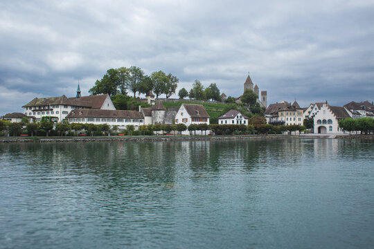 Scenic view of Rapperswil old town and castle from Lake Zurich