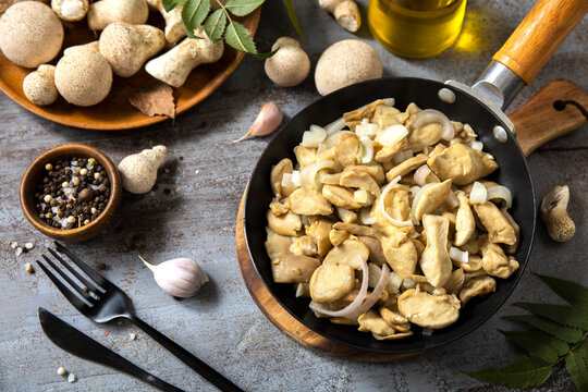 Sauteed mushroom skillet with onion and rustic ingredients