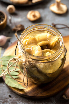 Marinated mushroom in glass jar for homemade preservation