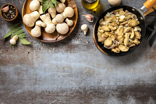 Fresh mushroom skillet with onion and rustic cooking ingredients