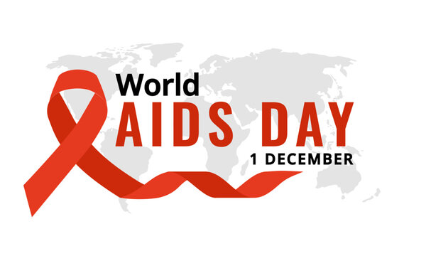 World Aids Day concept banner with red awareness ribbon and world map silhouette