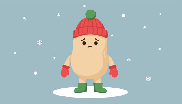 Sad little potato character is wearing a warm red winter hat with green mittens and boots while standing outside in the cold falling white snow.