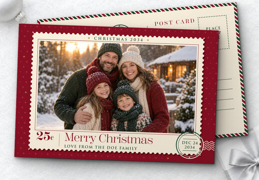 Vintage Christmas Postcard Template, Retro Holiday Photo Greeting Card with Postage Stamp Border for Family Portraits