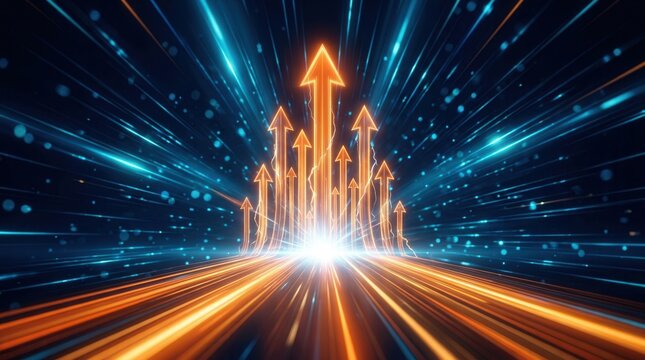 Rapid growth and forward momentum are symbolized by glowing arrows ascending a dynamic highway of light in a futuristic setting.