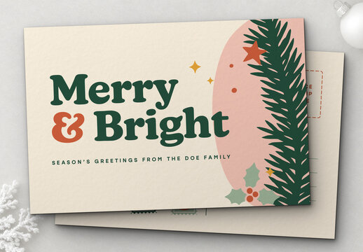 Retro Christmas Postcard Template, Double-Sided Vintage Holiday Greeting Card with Holly, Pine Branches & Retro Typography