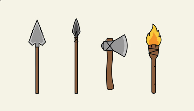 Collection of primitive survival tools including stone headed spears and a wooden axe alongside a burning fire torch stick.