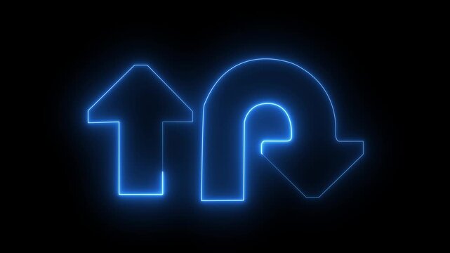 Glowing blue neon multi-line curved arrow icon for directional flow, data routing, navigation turn, cyberpunk pathway, forward progression