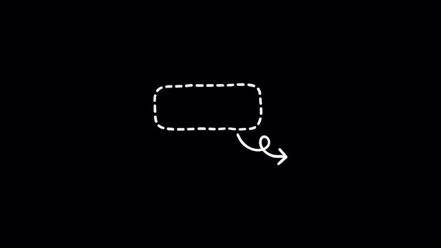 Dashed rounded speech bubble with curved arrow, hand drawn doodle outline animation with transparent alpha channel, comic callout overlay, annotation element for video editing and motion graphics