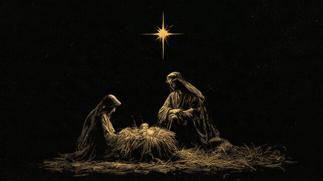 Minimal gold line art nativity with Mary and Joseph beside the manger and a small star glowing in a black night sky. Elegant Christmas card design with copy space.
