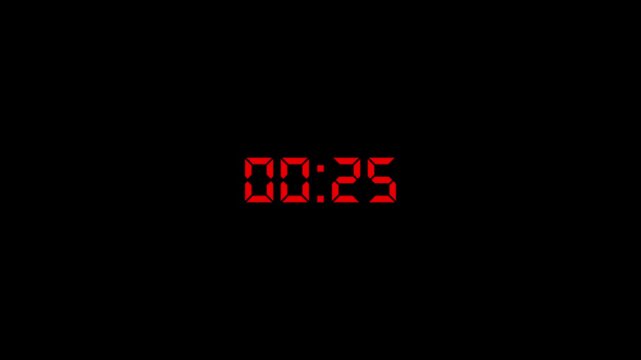 Digital Clock timer animation 30 to 0 second Countdown flat style clock timer icon. Countdown 30 second to 0 second animation on black screen, stopwatch, analog clock icon animation.