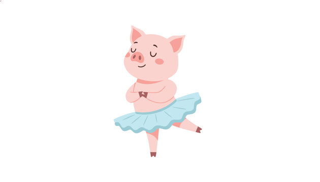 Adorable pink piglet character wearing a light blue tutu and dancing ballet with its eyes closed on a plain white background.