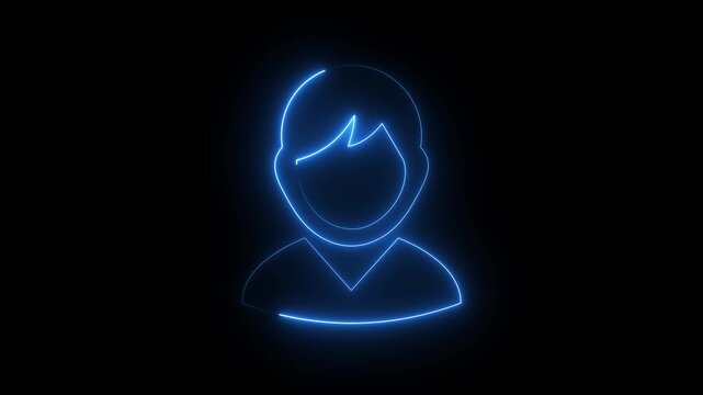Blue neon woman profile icon on dark background, glowing female avatar symbol.