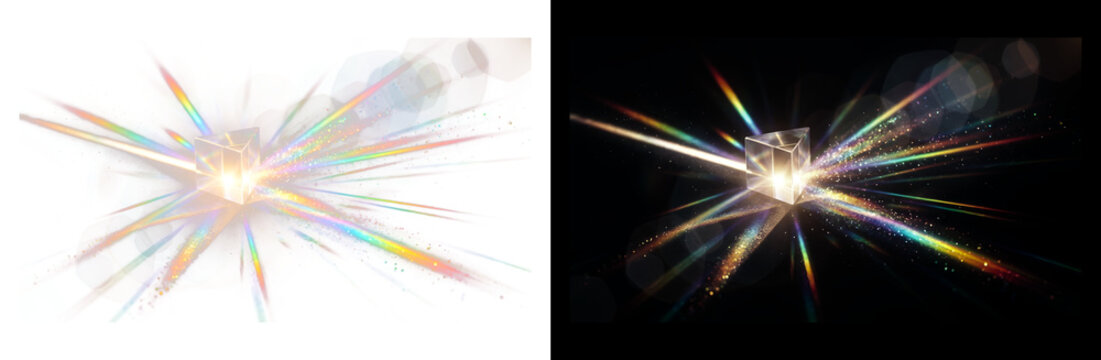 Rainbow prism light refraction effect, cinematic crystal lens flare on black and white background, vibrant optical spectrum light leak for overlays.