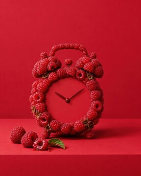 Raspberry alarm clock covered in fresh berries with a matte red face, set against a monochrome background for berry season promotions and copy space