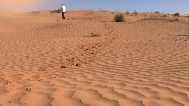 A lone figure walks across golden sand dunes under a vivid blue sky as wind lifts a swirling sand cloud. The ground-level tripod shot captures expansive desert scenery, sunlight, and movement.