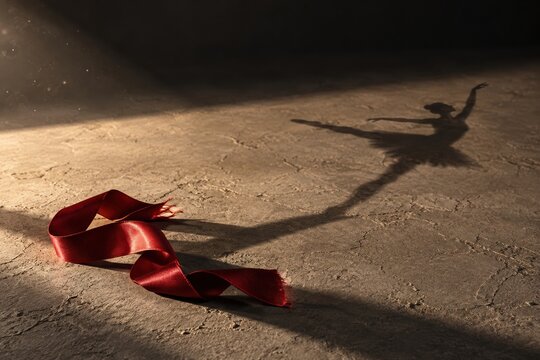 Red satin ribbon on a textured grey surface casting a long ballerina shadow, an elegant concept for holiday and dance campaigns with copy space