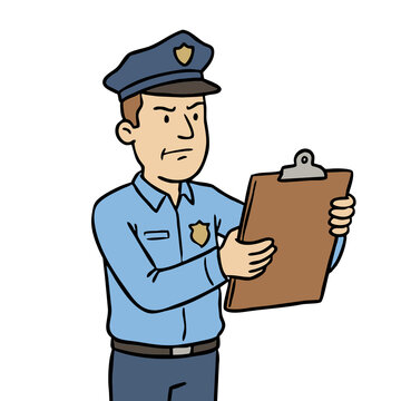 Angry police officer in blue uniform holding clipboard, cartoon
