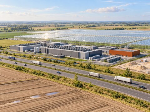 Huge glass greenhouses and a modern data center on sunny farmland, with a busy highway for agritech and computing reports