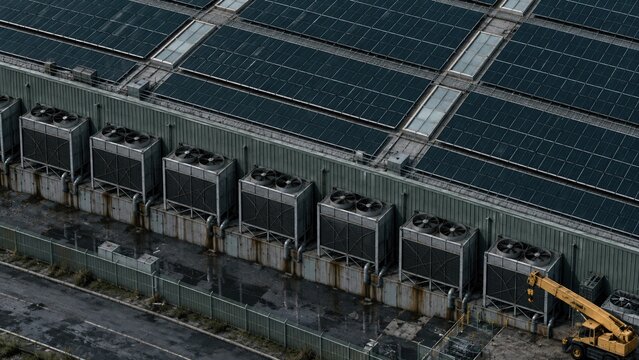 Solar panels on a data center roof with weather-worn cooling towers and industrial textures for sustainability and energy reports