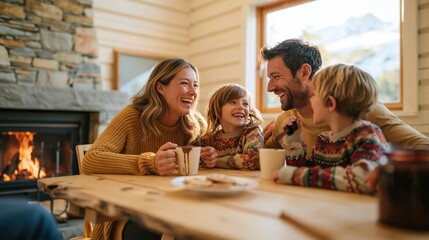 Naklejka premium Family drinking hot chocolate by a rustic fireplace in a mountain cabin, laughing together for holiday and winter vacation ads