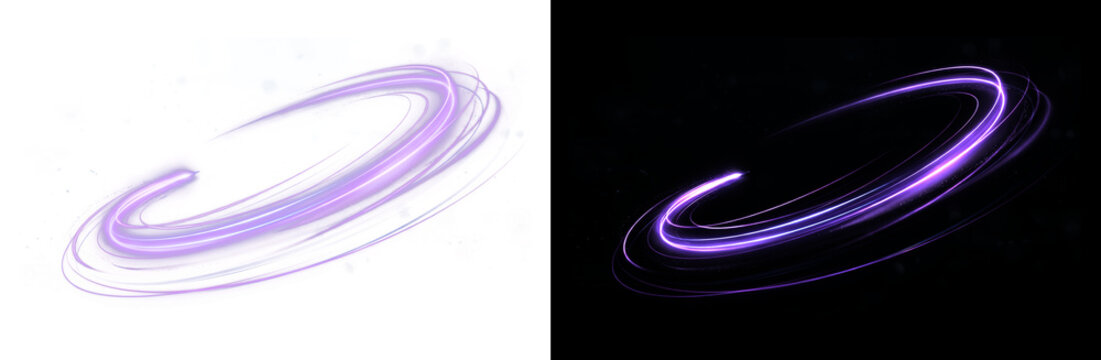 Purple glowing light trails in circular motion, abstract violet neon energy rings on black and white backgrounds, futuristic magic swirl effect.