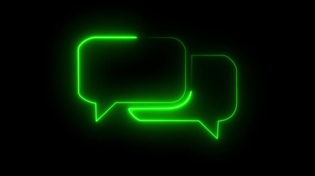Green neon chat bubbles icon on dark background, glowing conversation communication symbol.