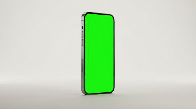 Modern thin bezel smartphone with green screen mockup stands upright on plain neutral background for mobile app testing purpose.