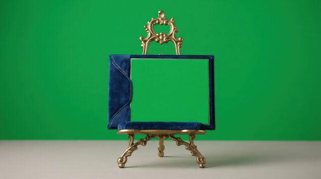 Ornate gold easel supporting blue velvet presentation folder with green screen insert set against minimalist green and grey wall.