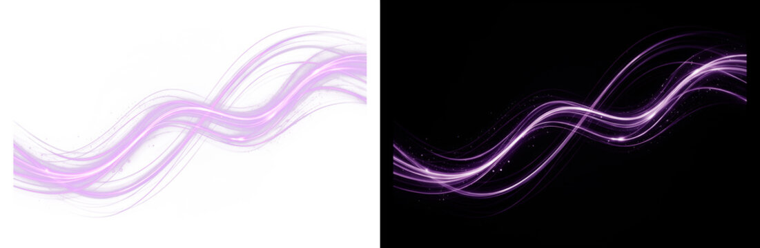Glowing purple light waves and abstract motion trails, violet energy lines on black and white backgrounds, dynamic flowing curves for digital art.