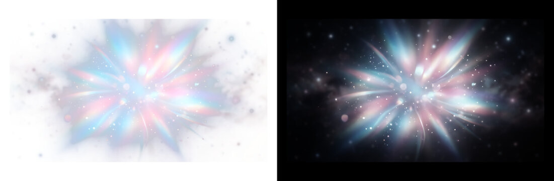 Iridescent light burst with holographic rays, glowing starburst lens flare on black and white background, ethereal cosmic sparkle for overlays.