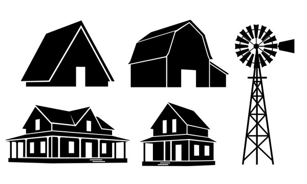 Rural countryside architecture silhouette set with farmhouses, classic barn, a-frame cabin, and vintage windmill vector illustration.