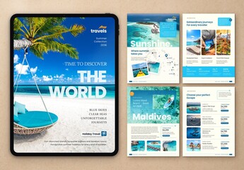 Digital Travel Agent Catalog Template, Travel Agency Tour Brochure & Multipage Magazine Layout for Vacation and Tour Packages
