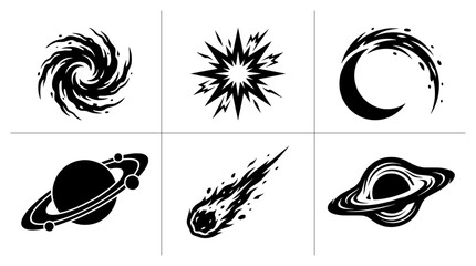 Space and cosmos silhouettes set with black hole, planet, comet and galaxy for science and astronomy logo © Joni
