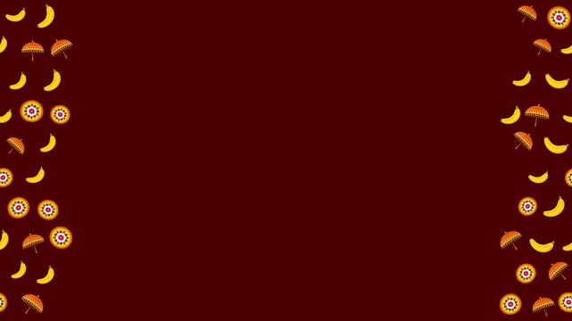 Indian festival border pattern with umbrellas and floral rangoli on maroon