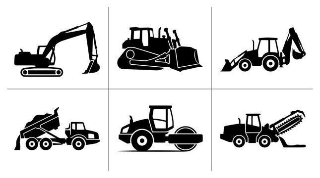 Construction vehicle silhouettes set with excavator, bulldozer, dump truck, road roller and trencher for industry and transport