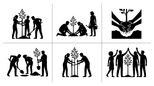 Tree planting silhouettes set with people digging, watering and supporting saplings for environmental care logo