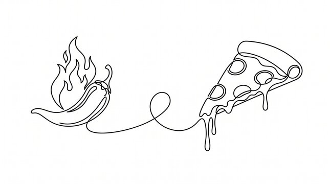 Continuous one-line art illustration of a flaming hot chili pepper connected by a looping line to a slice of pizza with pepperoni and dripping melted cheese, on a plain white background.