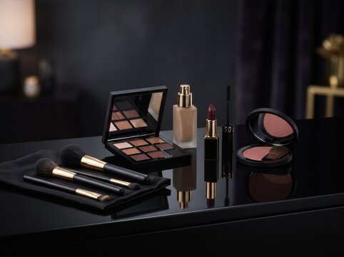 Elegant professional makeup set featuring eyeshadow palettes, brushes, and lipstick on a sleek dark mirrored tabletop